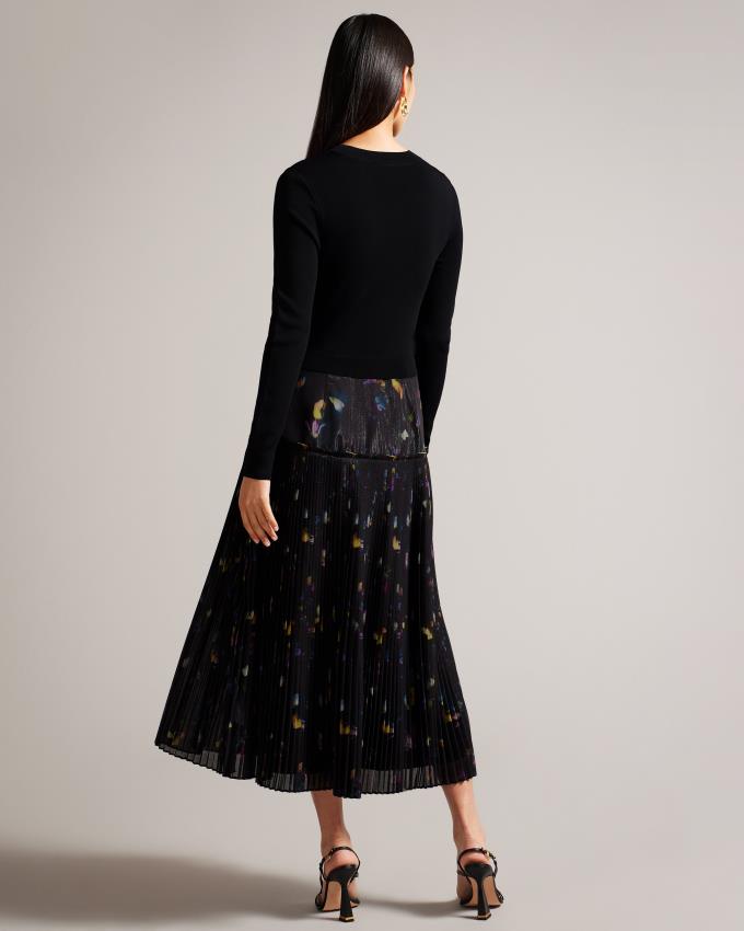 Peignoir Ted Baker Maxi With Pleated Floral Noir Femme | MKO-79847465